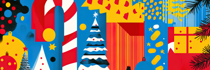 Obraz premium Pop-Art-Weihnachtsdesign mit Zuckerstangen, Geschenken und leuchtenden Farbakzenten