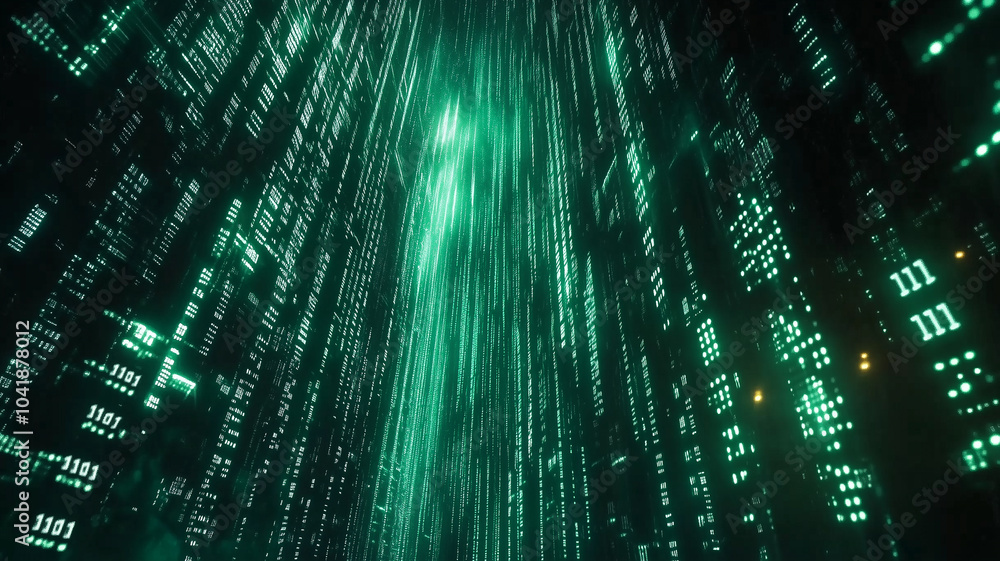 Poster futuristic digital code rain: matrix-inspired glowing green binary stream background or banner
