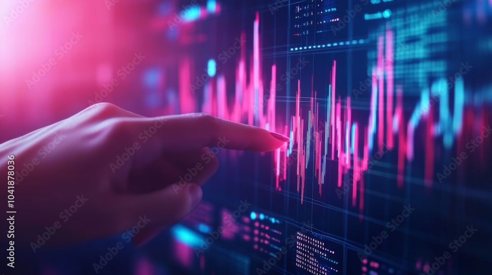 Poster engaging with virtual graphs and charts in a dynamic business environment.