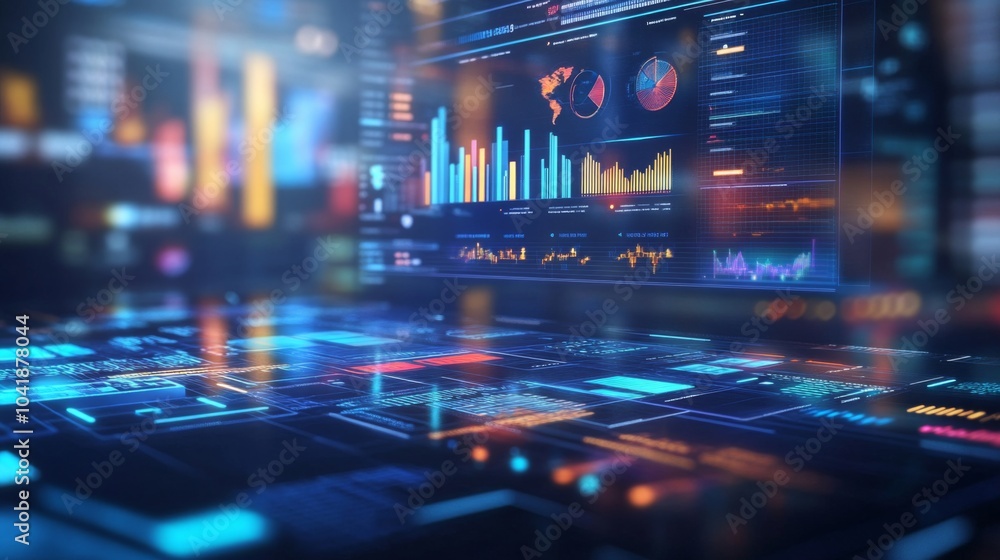 Poster dynamic and dramatic compositions highlight key business metrics in a holographic interface.