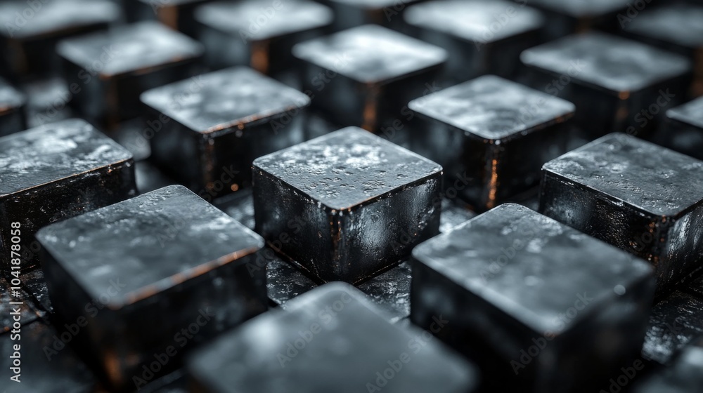 Poster The arrangement showcases a series of black ice cubes, each with a smooth surface, reflecting light in various angles, creating a striking and cohesive visual effect, set in a studio.