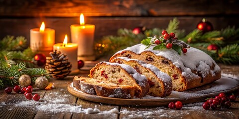 Freshly Baked Christmas Stollen with Icing Sugar and Candles in Low Light for Festive Holiday Vibes