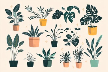 house plants doodles with a linear style, including monstera and similar plants