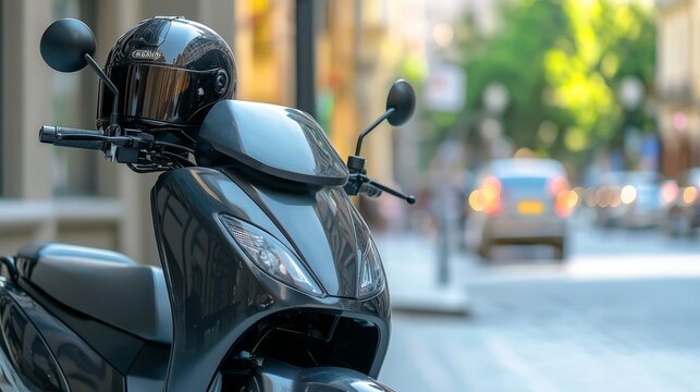 Urban Food Delivery Service Scene with Stylish Scooter, Trendy Restaurant, and City Street Background