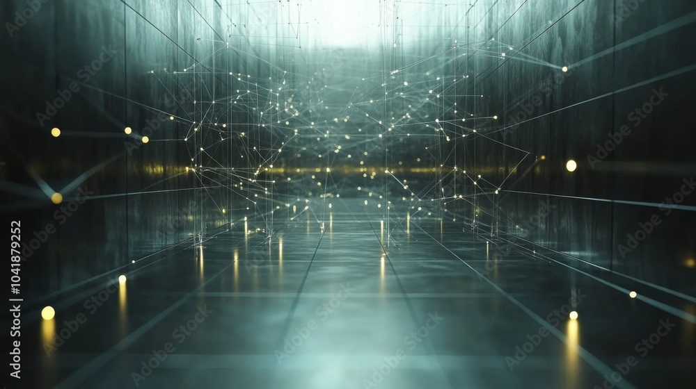 Fototapete The corridor features reflective walls and floors, adorned with luminous lines and nodes. This vibrant network creates an immersive atmosphere, suggesting advanced technology and innovation.