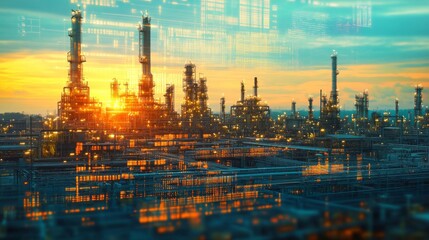 Obraz premium Double exposure art showcasing oil, gas, and petrochemical refinery concepts.