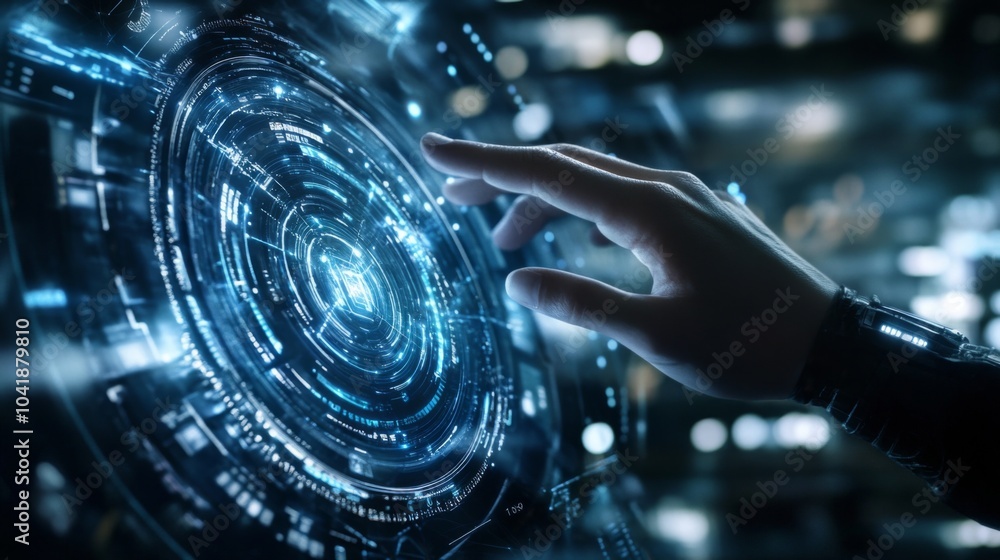 Poster symbolic representation of digital transformation through hands and technology.