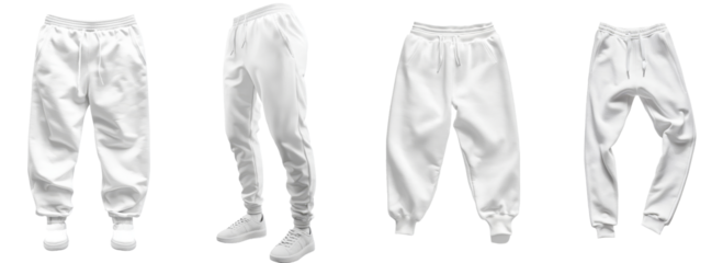 A white background with blank training jogger pants in white color on an invisible mannequin template