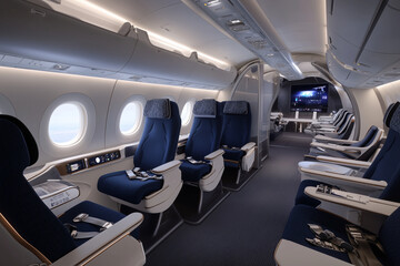 Fototapeta premium As the airplane’s interior takes shape, seats, overhead bins, and entertainment systems are installed, with a focus on passenger comfort and safety