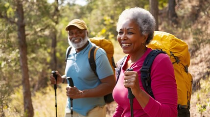 African american couple tackles mountain hiking trails with backpack - elderly woman and man find nature's peace through trekking forest paths together