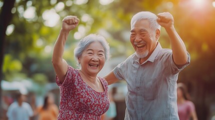 Asian couple shares mature love through gentle dancing in summer park - smiling man and happy woman together create lasting memories under evening trees