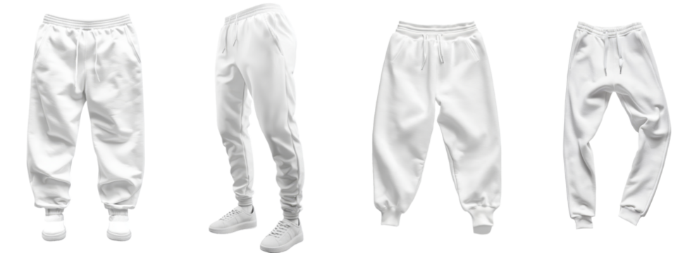 A white background with blank training jogger pants in white color on an invisible mannequin template