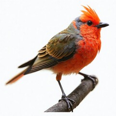 Fototapeta premium Photograph of a vividly colored red-winged blackbird with striking red and black feathers perched on a thin, brown branch against a stark white background. The bird's bright orange head contrasts with