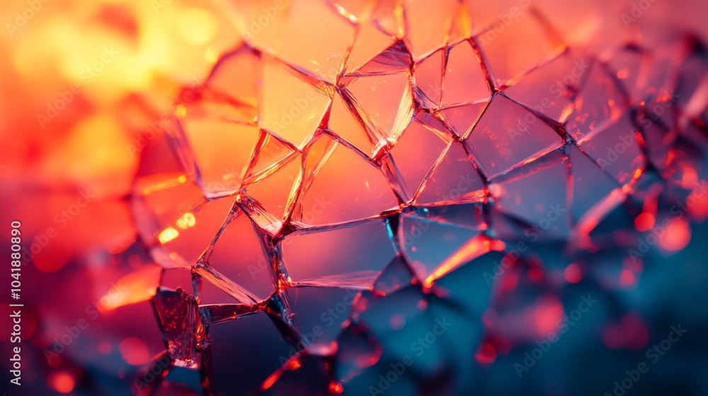Poster a vibrant display of fractured glass reflects warm hues of red and orange, resembling a stunning abs