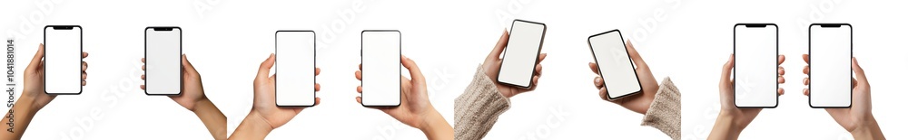 Poster The hand of a woman holding a black smartphone with a transparent blank screen isolated on top of a transparent background -  format - easy replacement of background and device screen