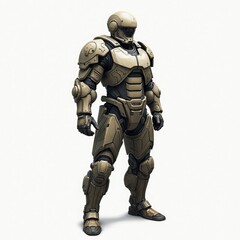 Obraz premium A detailed CGI rendering of a humanoid robot in gold and black armor, standing confidently. It has a sleek design with visible joints, a helmeted head, and a futuristic appearance. 