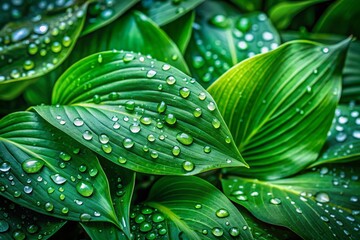 Obraz premium Fresh Water Droplets on Lush Green Leaves in a Humid Botanical Garden
