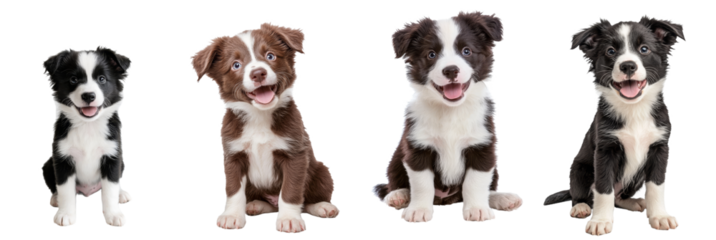 Super adorable black and white Border Collie pup seated up with his tongue out panting. Looking towards the camera with the sweetest eyes. Isolated on a transparent background.