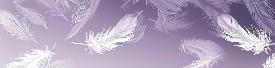Obraz premium A serene lavender and gray gradient background with softly floating white feathers, exuding calm and elegance.