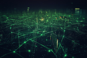 Obraz premium The network connection concept comes alive in a double exposure of a futuristic city and digital web, symbolizing how engineers plan and build efficient internet connectivity acros