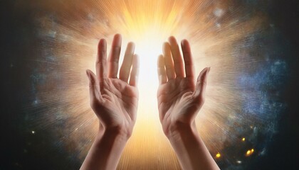 Place your hand over the luminous energy field. natural healing concept.