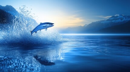 Fototapeta premium Salmon leaping through water with a splash at twilight, showcasing the vibrant energy of aquatic life in its natural habitat