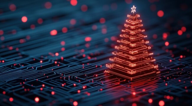 A glowing red Christmas tree stands on a digital circuit board, creating a festive and tech-inspired atmosphere with shimmering lights.
