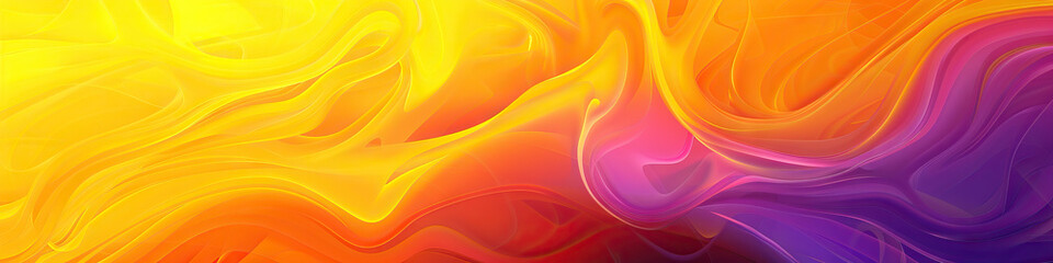 A warm yellow and orange gradient background with swirling purple abstract shapes, creating a sense of movement and energy.