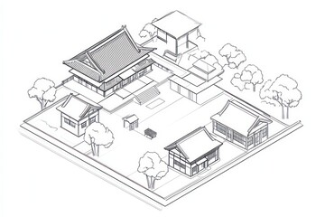 Obraz premium Japanese ancient school buildings, isometric, simple, outline stroke, black and white