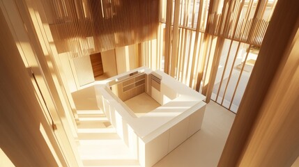 Obraz premium Modern kitchen design with wooden accents and natural light.