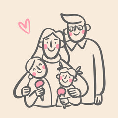 Cute portrait of happy family with ice cream. Mother, father and children  with heart. Hand-drawn illustration. Vector doodle.