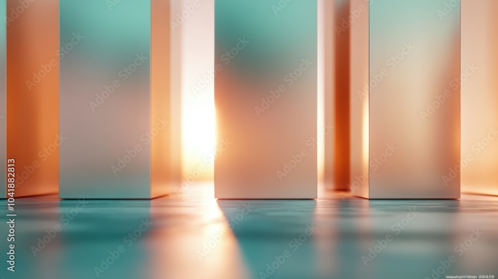 Poster the image shows tall, geometric pillars glowing with warm colors as the sun rises behind them, creat