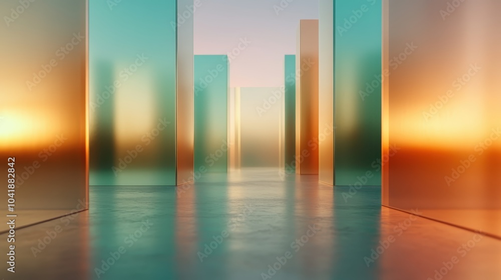 Poster tall glass structures reflect a stunning array of sunset hues, creating a breathtaking composition o