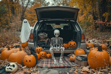 Child dressed as a skeleton sitting in the trunk of a car at Halloween, surrounded by pumpkins, spider webs, and floral decorations, with hands covering their face and a plaid blanket beneath them.