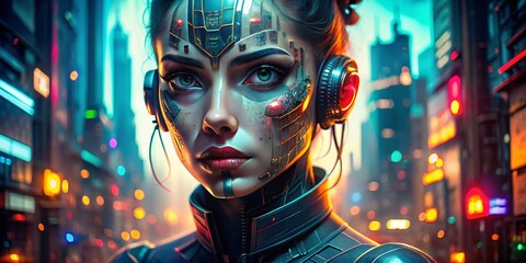 Futuristic Android Woman with Circuitry and Holographic Data Overlays - Urban Exploration Photography