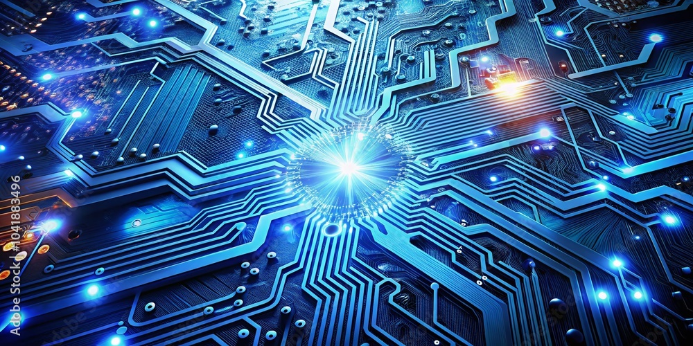 Poster futuristic blue circuit board background with waves and quantum explosion technology concepts for mo