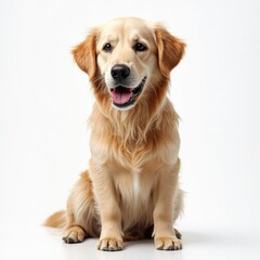 Obraz premium Photograph of a golden retriever puppy with soft, light golden fur, sitting on a white background, looking up with a happy expression, pink tongue visible, and a slight sheen to the coat.