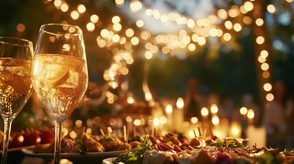 Joyous Outdoor Feast: Food Delivery Spreads, Festive Ambiance, Appetizers, Drinks, String Lights, Laughter, Celebration, Catering, Social Gathering, Culinary Delights