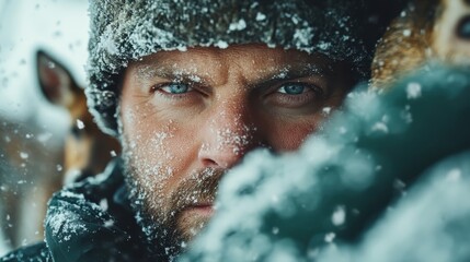 A close-up reveals a rugged man with an intense gaze, bundled in winter gear, snowflakes resting upon him, conveying a deep sense of resilience and determination.