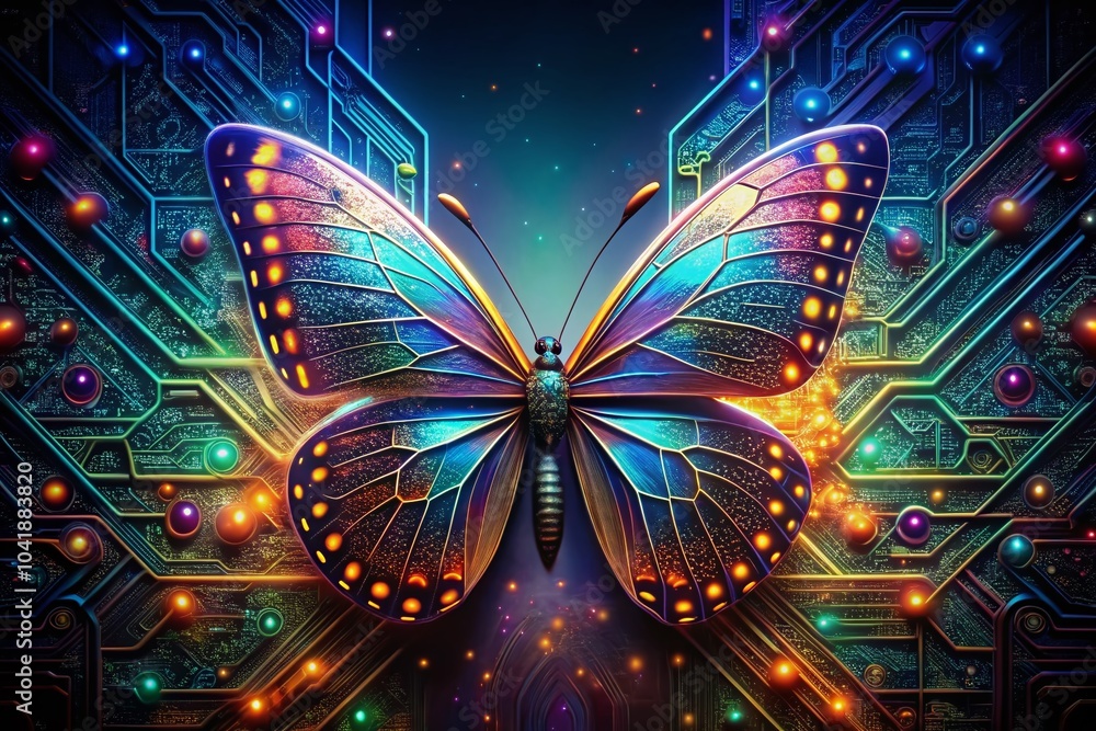 Poster futuristic cyber butterfly with glowing circuits in wings on dark background for tech and sci-fi the