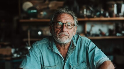 Fototapeta premium An elderly bearded man with glasses sits attentively in a cluttered workshop setting, exuding wisdom, experience, and a sense of artistic craftsmanship.
