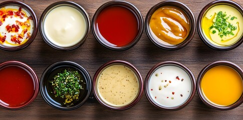 A variety of sauces in small bowls arranged on a wooden surface.