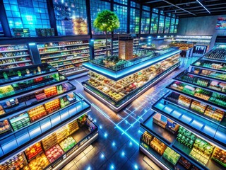 Futuristic Grocery Store with AI Inventory Management and Holographic Displays for Personalized Shopping