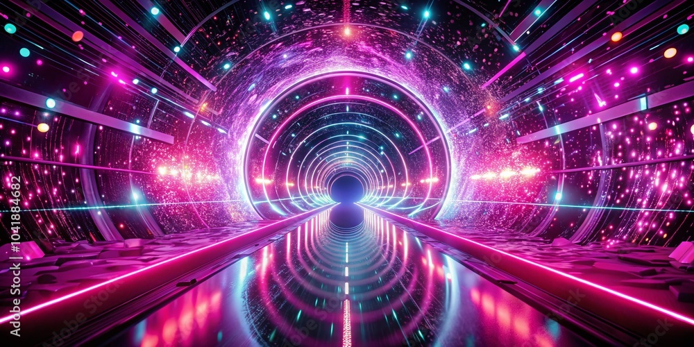Poster futuristic motion design of a camera accelerating through an abstract pink tunnel with sparkling liq