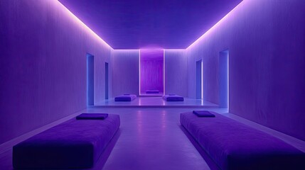 A room bathed in purple and blue neon lighting, creating a moody and futuristic vibe. Minimalist decor with sleek furniture adds to the ambiance. --chaos