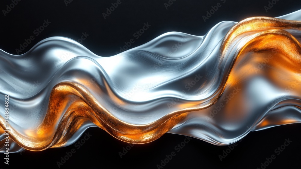 Poster The image showcases a dynamic wave of fluid silver and amber material, elegantly undulating against a contrasting dark backdrop, creating an eye-catching design.