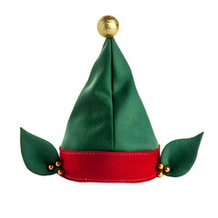 Green Elf Hat with Red Band, Golden Ball, and Ears, Christmas Decoration Isolated on Transparent...