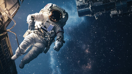 Astronaut in space with distant planets and galaxies