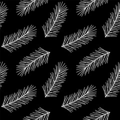 Fir twigs seamless pattern. Vector illustration of coniferous branch. Black and white plant spruce background.