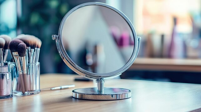 A round desktop makeup mirror with a sleek metal frame placed on a wooden vanity table, surrounded by makeup brushes and cosmetics. --chaos